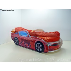Кровать машинка Мустанг премиум красная с матрасом ВиВера мебель